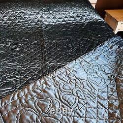 Vtg handmade dark blue satin quilt reversible single stitch 87 x 59 beautiful