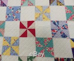 Vtg handmade patchwork pinwheel quilt 67 x 82 calico full double feedsack