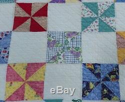 Vtg handmade patchwork pinwheel quilt 67 x 82 calico full double feedsack