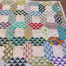 Vtg handmade quilt queen multicolored cotton square triangle spectrum boho