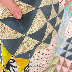 Vtg handmade quilt queen multicolored cotton square triangle spectrum boho