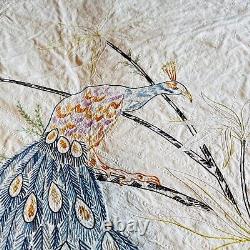 Vtg handmade quilt w embroidered peacock & flowers 84 x 74 cotton