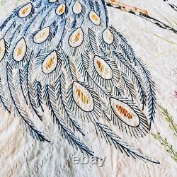 Vtg handmade quilt w embroidered peacock & flowers 84 x 74 cotton