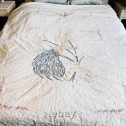 Vtg handmade quilt w embroidered peacock & flowers 84 x 74 cotton