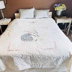 Vtg handmade quilt w embroidered peacock & flowers 84 x 74 cotton