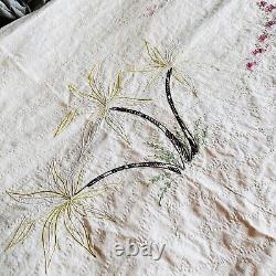 Vtg handmade quilt w embroidered peacock & flowers 84 x 74 cotton