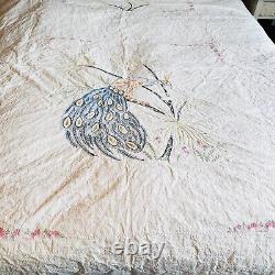 Vtg handmade quilt w embroidered peacock & flowers 84 x 74 cotton