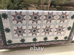 Vtg ooak hand made star motif chabby chic quilt bed spread 82x56 queen