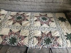 Vtg ooak hand made star motif chabby chic quilt bed spread 82x56 queen