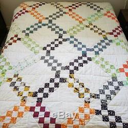 Vtg original Handmade patchwork Queen quilt Small blocks Irish Chain 82x66