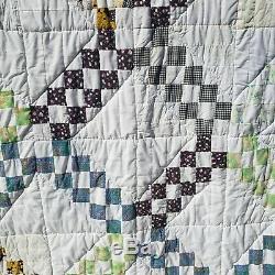 Vtg original Handmade patchwork Queen quilt Small blocks Irish Chain 82x66