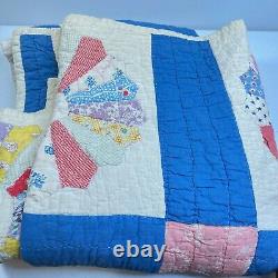 Vtg quilt bedspread hand sewn floral twin 78x66 classic boho retro blue