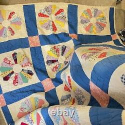 Vtg quilt bedspread hand sewn floral twin 78x66 classic boho retro blue