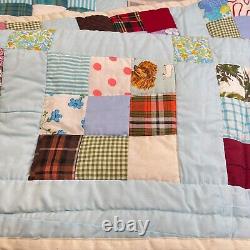Vtg quilt hand sewn full 70x83 handmade floral square patchwork blue retro