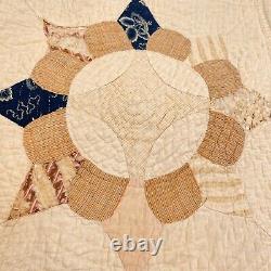 Vtg quilt hand sewn queen 80x100 patchwork retro handmade tan blue floral star