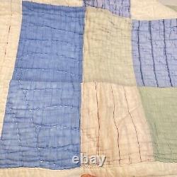 Vtg quilt hand sewn twin 76x50 blue green patchwork squares handmade retro