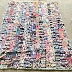 Vtg quilt handmade 78x60 twin patchwork squares plaid hand tie multicolored