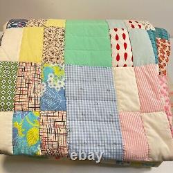 Vtg quilt handmade 80x70 full patchwork squares multicolor handsewn retro boho