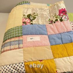 Vtg quilt handmade 80x70 full patchwork squares multicolor handsewn retro boho