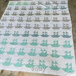 Vtg quilt handmade 83x74 full green boat sailing handsewn retro boho