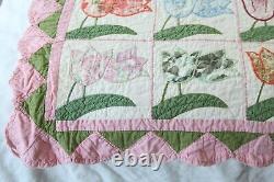 WEAR Vintage 30s 40s applique tulip patchwork quilt 80 x 68 Handmade Colorful