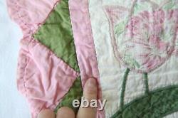 WEAR Vintage 30s 40s applique tulip patchwork quilt 80 x 68 Handmade Colorful