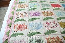 WEAR Vintage 30s 40s applique tulip patchwork quilt 80 x 68 Handmade Colorful