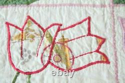 WEAR Vintage 30s 40s applique tulip patchwork quilt 80 x 68 Handmade Colorful