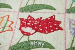 WEAR Vintage 30s 40s applique tulip patchwork quilt 80 x 68 Handmade Colorful