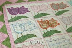 WEAR Vintage 30s 40s applique tulip patchwork quilt 80 x 68 Handmade Colorful