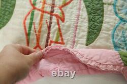 WEAR Vintage 30s 40s applique tulip patchwork quilt 80 x 68 Handmade Colorful