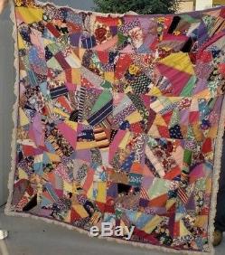 WOW Vintage Crazy Quilt Blocks Top Signed 1945 Handmade Folk Art Blanket Lace