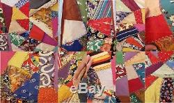 WOW Vintage Crazy Quilt Blocks Top Signed 1945 Handmade Folk Art Blanket Lace