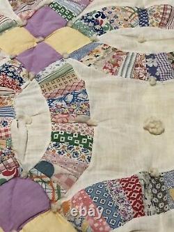 Washed Vintage Feed Sack WEDDING RING Quilt 82x 72 Tied Queen / Full