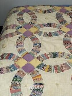 Washed Vintage Feed Sack WEDDING RING Quilt 82x 72 Tied Queen / Full