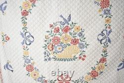 XL Vintage 40's Floral Medallion Quilt Flowers, Basket, Birds & Ribbons