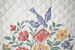 XL Vintage 40's Floral Medallion Quilt Flowers, Basket, Birds & Ribbons