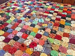 Xtra Large Vintage Colorful Handmade Stitched Estate YoYo Quilt Coverlet 96x 90