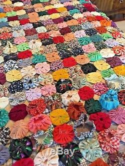 Xtra Large Vintage Colorful Handmade Stitched Estate YoYo Quilt Coverlet 96x 90