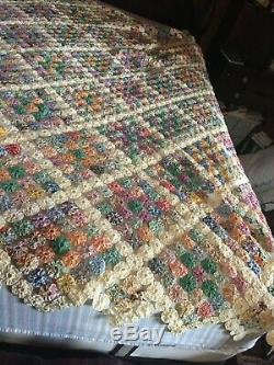YO-YO Vintage Antique Large Handmade YOYO Quilt 80.5 x 94.5 Feedsack Cottons