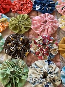 YoYo Rainbow Quilt Queen Coverlet Handmade Vintage Cotton Prints Farmhouse