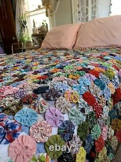 YoYo Rainbow Quilt Queen Coverlet Handmade Vintage Cotton Prints Farmhouse